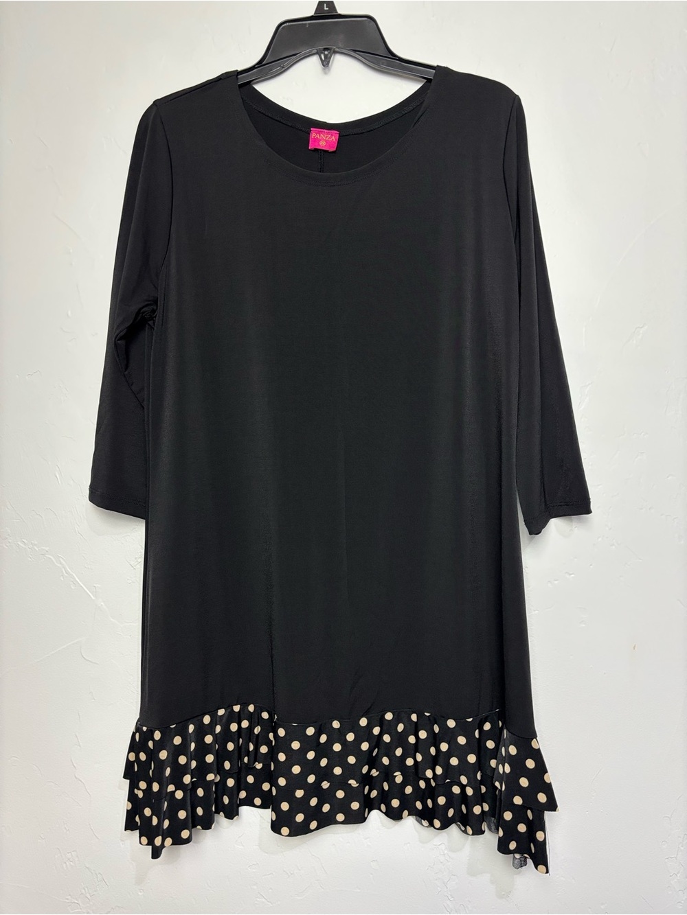 Panza Women's Plus 2X Black Tan Polka Dot Blouse Flowy Ruffle